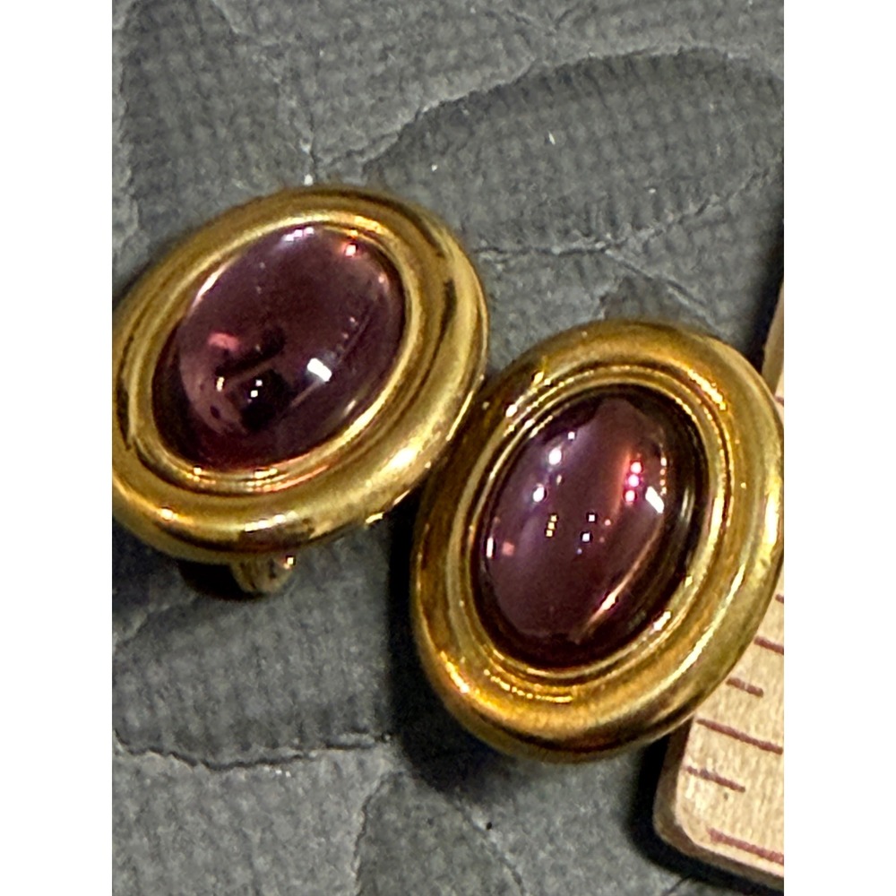 Monet Clip On Earrings Oval Cabochon Omega Back Vintage Gold Tone Retro Purple